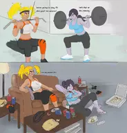 2girls belly colored comic crossover fat food lazy midriff parody ring_fit_adventure ring_fit_trainee text video_games wii_fit wii_fit_trainer workout // 1222x1275 // 351KB