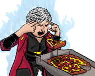 colored dante devil_may_cry eyes_closed food grey_hair parody pizza short_hair telekinesis // 1000x800 // 463KB