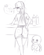 1girl artist:tttt ass green hat long_hair pokemon pokemon_frlg shorts sketch squirtle text // 445x556 // 129KB