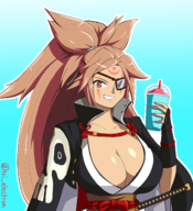 1girl artist:tri_electron baiken drink guilty_gear huge_breasts // 2000x2200 // 1.1MB