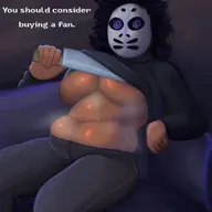 1girl artist:ahoeforcoffee breasts chubby colored dialogue fat hellen hockey_mask huge_breasts knife look_outside looking_at_viewer mask pants presenting sitting sofa steam text text_dialogue underboob weapon // 2000x2000 // 172KB