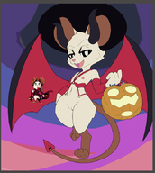1girl anthro artist:unknown bat_wings colored flat_chest furry halloween jack-o'-lantern looking_at_viewer mina mina_the_hollower mouse mouse_girl nipples pussy reference smile smiling wide_hips wings // 767x854 // 160KB