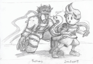 2boys artist:babazul crossover facial_hair headband lucas metal_gear_solid mother_(series) mother_3 rope_snake short_hair snake text traditional_medium // 1521x1045 // 1.6MB