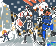 1girl 2boys aya_brea background blonde_hair blue_eyes brown_hair crossover gun leon_s._kennedy mr._x parasite_eve resident_evil resident_evil_2 starman weapon // 3000x2500 // 996KB