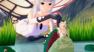 2girls 3d 3d_model airy animal armpit background bikini bikini_top blonde_hair blue_eyes blush bow bravely_default bullying colored edea_lee elbow_gloves fairy frog giant giantess gloves grey_hair grin koikatsu! long_hair pointy_ears // 1914x1052 // 1.6MB