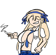 1girl artist:lunaticsoda blonde_hair cleavage doodle katsuragi open_shirt ribbon school_uniform senran_kagura smoking tie // 1098x1083 // 225KB