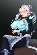 1girl areolae artist:leestatsekai blush breasts colored ghost huge_breasts looking_at_viewer marie nipples ribcage see-through sitting skullgirls smile smiling topless // 2600x3800 // 487KB