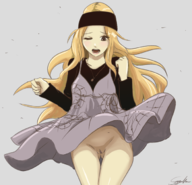 1girl artist:aikun2012 blonde_hair blush brown_eyes chihaya_mifune colored headband long_hair necklace persona persona_(series) persona_5 pussy upskirt // 671x648 // 300KB