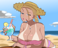 1girl artist:unknown beach bikini blonde_hair blue_eyes cammy_white cloud drink hat huge_breasts necklace scar straw_hat street_fighter tanlines // 1900x1587 // 1.1MB