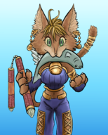 1girl artist:unknown daena fish furry legend_of_mana nunchucks // 2400x3000 // 3.3MB