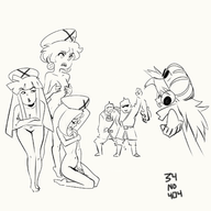 2boys 4girls artist:34no404 filming glasses grandia helmet justin monochrome nana nude saki soldier // 1519x1519 // 974KB