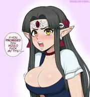 1girl angry aradia artist:afrobull bangs black_hair blush breasts cleavage collarbone earrings edit eyebrows eyelashes hair_intakes huge_breasts jewelry long_hair looking_at_viewer necklace night_of_revenge nintendo open_mouth // 1100x1181 // 472KB