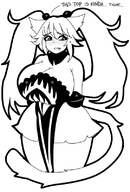 1girl alternate_breast_size animal_ears artist:hypfoo atalanta blush embarrassed fang fate_(series) fate_grand_order huge_breasts lineart tail text twintails // 540x800 // 96KB