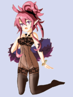 1girl bracelet colored disgaea disgaea_5 fang lingerie pantyhose pink_hair pointy_ears purple_eyes seraphina skin_fang // 818x1094 // 458KB