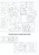 1boy 1girl artist:nininho blush comic crying cum fang fellatio laughing luka midriff monster_girl_quest penis pointy_ears ponytail pussy speech_bubble text tiny_lamia tongue traditional_medium // 1601x2262 // 603KB