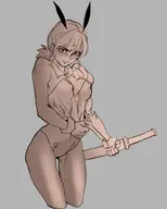 1girl artist:unknown blush breasts bunny_suit embarrassed holding holding_object looking_at_viewer medium_breasts sword thigh_gap vampire_the_masquerade_bloodlines weapon yukie // 785x979 // 113KB