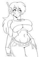 1girl artist:iggy_bomb breasts cave_story curly_brace jeans long_hair monochrome navel underboob // 2100x3000 // 1.1MB