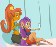 2girls artist:blysill breath_of_the_wild colored crossover hair outfit_swap pose riju shantae shantae_(series) the_legend_of_zelda wayforward // 910x758 // 340KB
