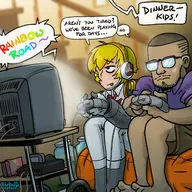 1boy 1girl aigis artist:bishopbb background bdf black blonde_hair brown_hair colored console controller dark_skin gaming glasses mario_kart_64 nintendo nintendo_64 persona persona_(series) persona_3 short_hair sitting speech_bubble text tired tv // 1600x1600 // 595KB