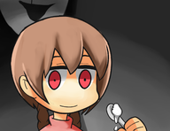 1girl artist:allbeatnik braids brown_hair madotsuki parody red_eyes spoon uboa yume_nikki // 1644x1268 // 591KB