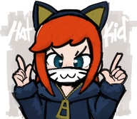 1girl a_hat_in_time animal_ears artist:chee blue_eyes brown_hair colored hat hat_kid hoodie text // 1111x964 // 391KB