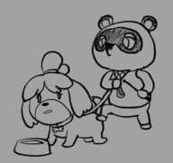 1boy 1girl all_fours animal_crossing artist:gusgux bdsm dog_bowl isabelle leash tom_nook // 1620x1526 // 633KB
