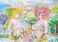 2boys 2girls artist:clm background bandana blonde_hair brown_hair colored eri_kasamoto fiolina_germi glasses green_eyes hat long_hair marco_rossi metal_slug midriff ponytail shades shorts smile sunglasses tarma_roving traditional_medium yellow_eyes // 1000x727 // 197KB