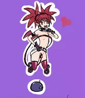 1girl belt binary_art bottomless choker colored disgaea earrings etna fang flat_chest gloves heart micro_bikini pointy_ears prinny red_eyes red_hair smile tail thigh_highs topless twintails wings // 1427x1645 // 730KB