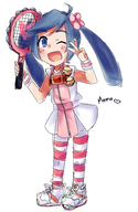 1girl ahoge artist:mellie blue_eyes blue_hair blush colored happy heart momo_karuizawa peace_sign rival_schools striped_stockings tennis tennis_racket text twintails wink // 1836x2816 // 1.9MB