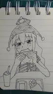 1girl artist:unknown burger clownpiece drink eating french_fries hat monochrome solo table touhou traditional_medium // 900x1600 // 160KB