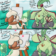 1boy 1girl 2koma artist:the_gutter belly blush brush chubby comic embarrassed fat flygon looking_at_partner painting pokemon romantic smeargle tagme tail text // 1000x1000 // 619KB