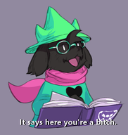 1boy artist:loe book colored deltarune fang glasses hat heart parody ralsei scarf text // 452x478 // 91KB