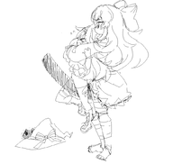 2girls animal artist:chaikodog blush boots bottomless bow cat doll eyes_closed futanari hat holding little_witch_nobeta long_hair monochrome mspaint nobeta sketch striped_stockings tania thigh_highs torn_clothes // 1037x985 // 52KB