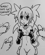 1girl 2boys artist:aipiepo bottomless breasts cum disgaea earrings etna flat_chest gloves ink_drawing nipples penis pointy_ears pussy speech_bubble text traditional_medium twintails // 1531x1861 // 573KB