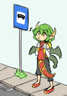 1girl artist:triggerdex colored draco_centauros green_hair horns music_note pointy_ears puyo_puyo sign whistling wings yellow_eyes // 531x757 // 197KB