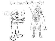 1boy 1girl armor artist:unknown mario princess_peach super_mario sword text // 877x668 // 148KB