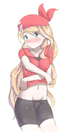 1girl artist:tttt bandana blonde_hair blue_eyes blush cosplay long_hair may pokemon pokemon_rse pokemon_xy serena spats undressing // 481x770 // 205KB