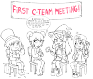 4girls a_hat_in_time artist:unknown banner barefoot beebz blush boots c-team carol chair demon_turf freckles hat_kid lineart little_witch_nobeta loli looking_at_partner matchstick monochrome nobeta onirism sitting sweat sweating // 1735x1477 // 1.1MB