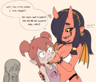 3girls anger_mark artist:olivaoil beebz bikini blush carol cleavage colored demon_turf flat_chest freckles grabbing hand_on_cheek heart luci medium_breasts onirism tagme text // 822x707 // 312KB