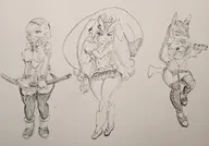 3girls artist:pikapika212 breasts cosplay furry gardevoir gun katana lopunny lucario parody pasties pokemon skirt sword tagme thigh_highs traditional_medium weapon // 1070x747 // 99KB