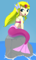 1girl bikini_top black_eyes blonde_hair colored female mermaid ocean princess_zelda rock sitting smile the_legend_of_zelda tiara water wind_waker // 440x716 // 188KB
