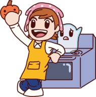 1girl apron artist:kking64 brown_hair cooking_mama_(series) frown ghost happy mama pumpkin short_hair smile stove // 442x446 // 73KB