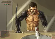 adam_jensen bathroom colored deus_ex deus_ex_human_revolution eltonel mirror shirtless // 1684x1191 // 1.2MB