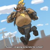 1boy artist:ssshuckle background birdie blonde_hair chain colored dark_skin dialogue donut eyes_closed fat food gloves heart running street_fighter street_fighter_v text // 1425x1425 // 1.4MB