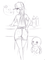1girl artist:tttt ass green hat long_hair pokemon pokemon_frlg shorts sketch squirtle text // 387x505 // 101KB