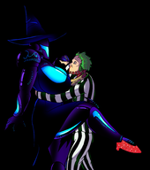 1boy 1girl arm_around_waist artist:scorndude beetlejuice beetlejuice_(series) blue_body breasts cosplay dark_samus duo footwear handholding heels holding huge_breasts metroid metroid_prime red_heels samus_aran scorn scorn_guy sexy sexy_pose witch wizard_hat // 2653x3000 // 2.0MB