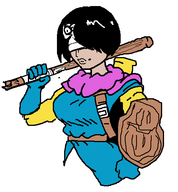 1girl 2p bandages black black_hair blindfold colored cosplay dark_skin dragon_quest dragon_quest_iii gloves hero hero_(dragon_quest_iii) mspaint nier_automata shield short_hair // 472x508 // 21KB