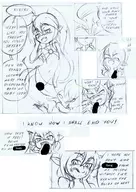 1boy 1girl artist:nininho blush censored comic crying fang laughing luka midriff monster_girl_quest pointy_ears ponytail speech_bubble text tiny_lamia tongue traditional_medium // 1251x1767 // 666KB