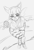 1girl anthro artist:unknown breasts cleavage eyelashes furry huge_breasts ice_cream looking_at_viewer looking_up paladins pants salt sitting sketch // 1352x2000 // 884KB