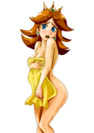 1girl artist:aikun2012 blue_eyes blush brown_hair covering crown earrings embarrassed lipstick nude princess_daisy super_mario towel // 744x1052 // 322KB